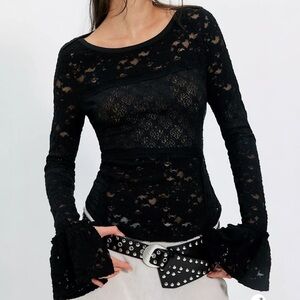 Free People Sheer Lace Flared Long Sleeve Black Lace Top L NWT